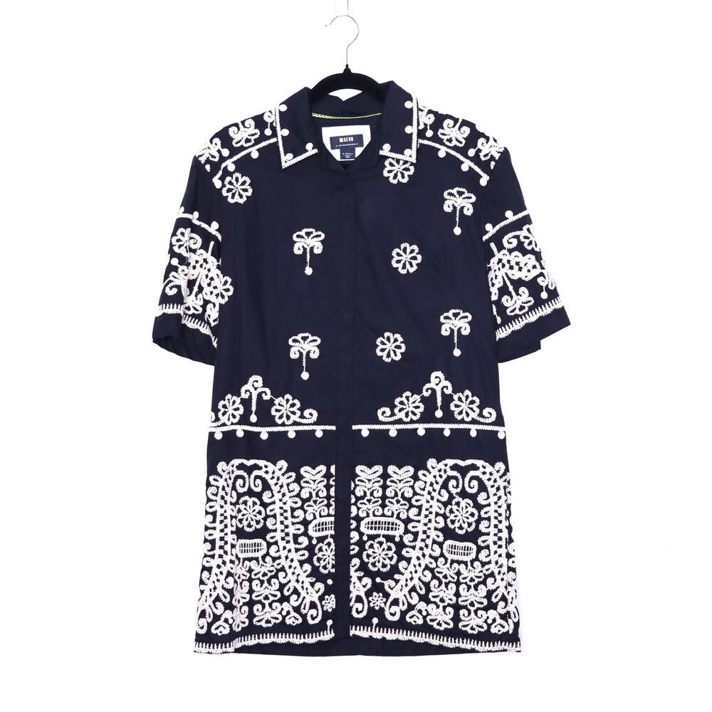 MAEVE Short Sleeve Collared Mini Shirt Dress Black Embroidered Casual Women's XS